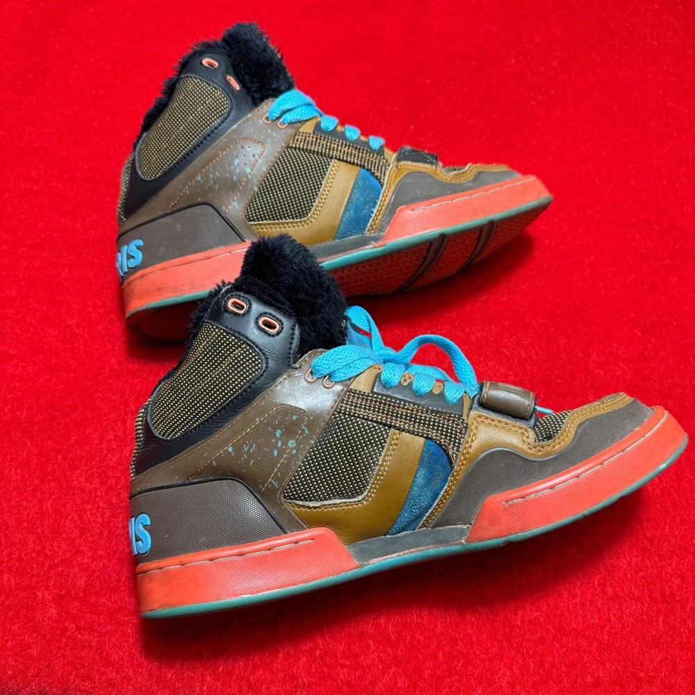 Osiris Tranzor Skate Shoes Mens 10 Brown Orange Blue Faux Fur High Top Sneakers - Picture 7 of 12